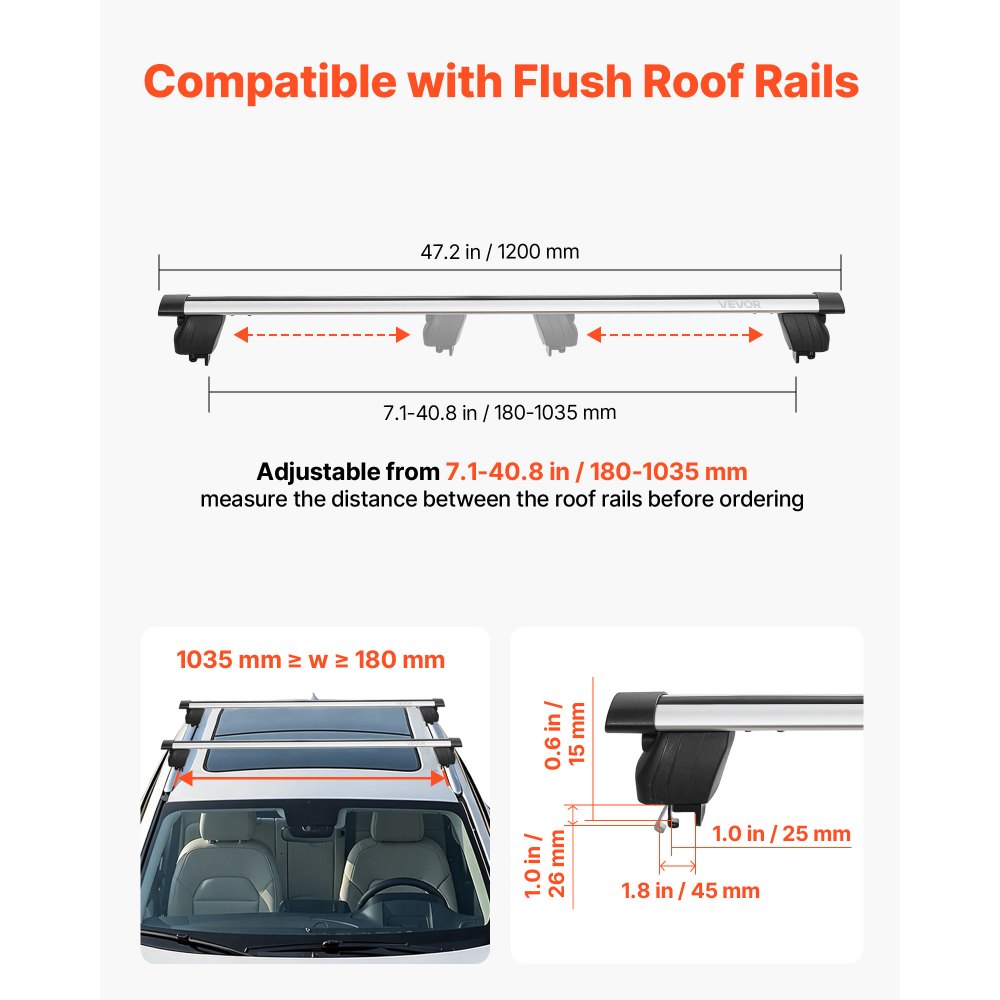 VEVOR Roof Rack Cross Bars, 75 kg Capacity, Universal Fit for Flush Roof Rails, 180-1035 mm Rail Spacing, Lockable Heavy Duty Aluminum Crossbar Racks Rail Rooftop Luggage Canoe Cargo Basket Carrier