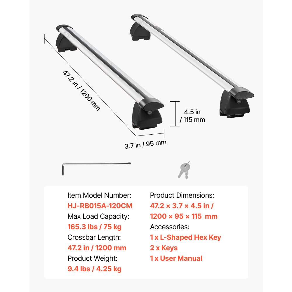 VEVOR Roof Rack Cross Bars, 75 kg Capacity, Universal Fit for Flush Roof Rails, 180-1035 mm Rail Spacing, Lockable Heavy Duty Aluminum Crossbar Racks Rail Rooftop Luggage Canoe Cargo Basket Carrier