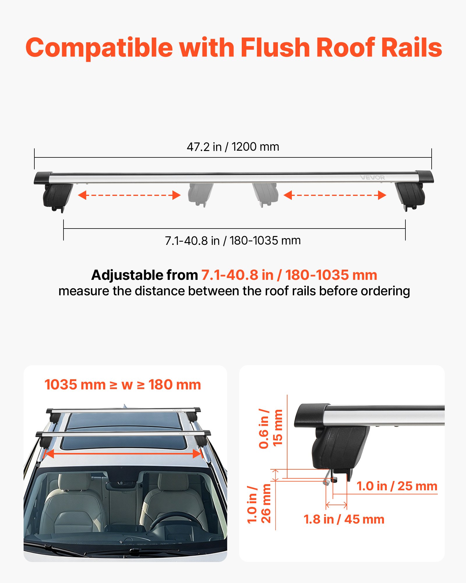VEVOR Roof Rack Cross Bars, 75 kg Capacity, Universal Fit for Flush Roof Rails, 180-1035 mm Rail Spacing, Lockable Heavy Duty Aluminum Crossbar Racks Rail Rooftop Luggage Canoe Cargo Basket Carrier