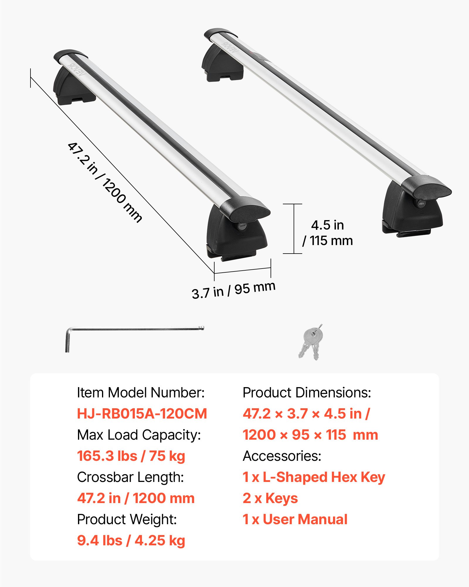 VEVOR Roof Rack Cross Bars, 75 kg Capacity, Universal Fit for Flush Roof Rails, 180-1035 mm Rail Spacing, Lockable Heavy Duty Aluminum Crossbar Racks Rail Rooftop Luggage Canoe Cargo Basket Carrier