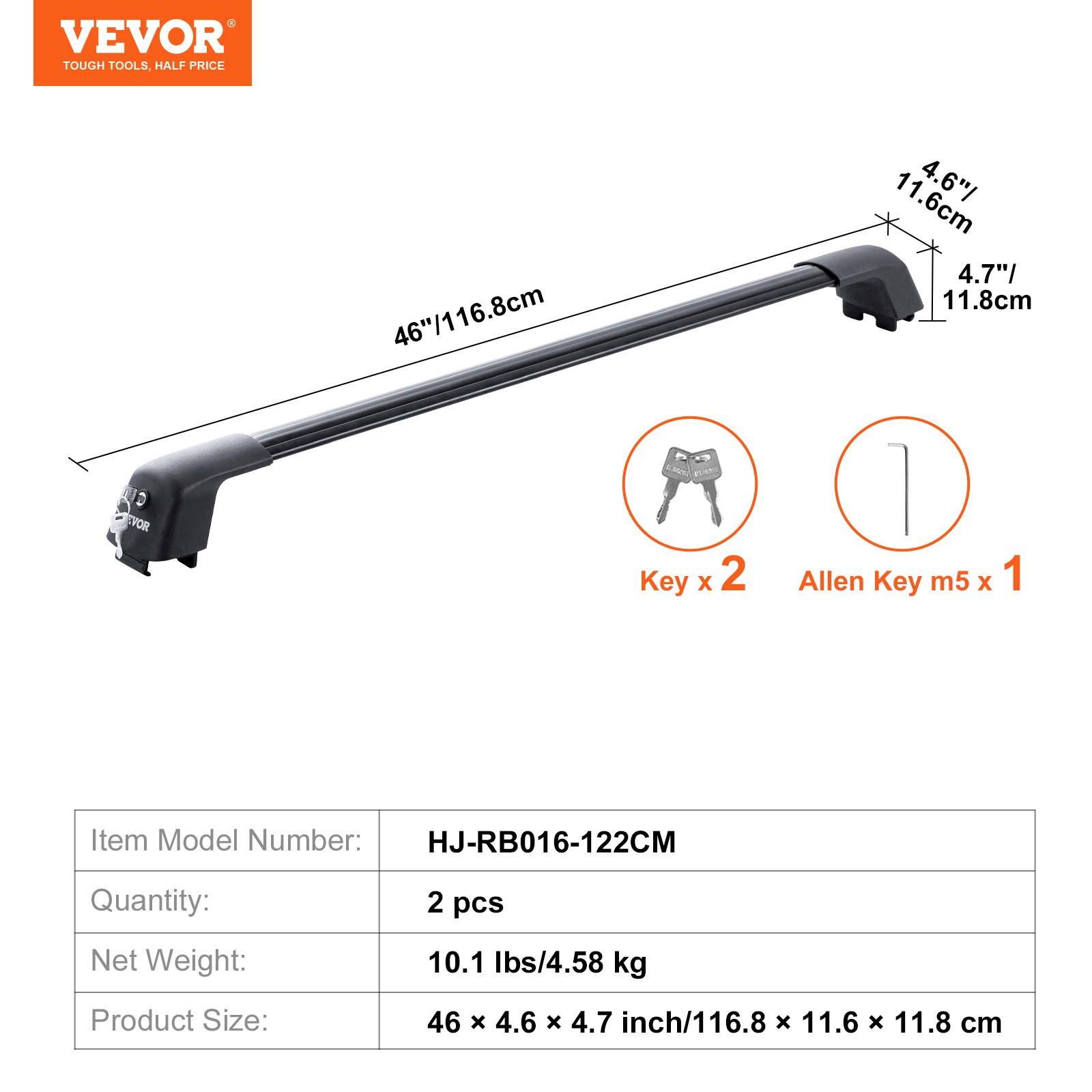 VEVOR Universal Roof Rack Crossbar Max 122.9 cm Fits Grooved Side Rails without Gap