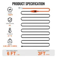 VEVOR Pipe Heating Cable, 6FT 7W/FT Heat Tape for Pipes with Built-in Thermostat, Water Pipe Heat Cable Protects PVC Hose, Metal and Plastic Pipe from Freezing