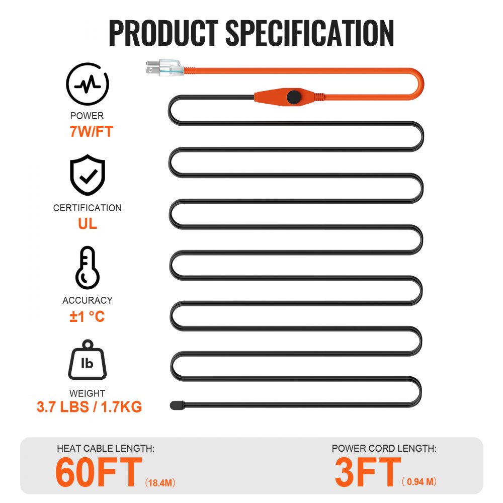 VEVOR Pipe Heating Cable, 60FT 7W/FT Heat Tape for Pipes with Built-in Thermostat, Water Pipe Heat Cable Protects PVC Hose, Metal and Plastic Pipe from Freezing