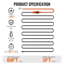 VEVOR Pipe Heating Cable, 60FT 7W/FT Heat Tape for Pipes with Built-in Thermostat, Water Pipe Heat Cable Protects PVC Hose, Metal and Plastic Pipe from Freezing