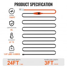 VEVOR Pipe Heating Cable, 24FT 7W/FT Heat Tape for Pipes with Built-in Thermostat, Water Pipe Heat Cable Protects PVC Hose, Metal and Plastic Pipe from Freezing