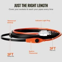 VEVOR Pipe Heating Cable, 3FT 7W/FT Heat Tape for Pipes with Built-in Thermostat, Water Pipe Heat Cable Protects PVC Hose, Metal and Plastic Pipe from Freezing