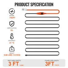 VEVOR Pipe Heating Cable, 3FT 7W/FT Heat Tape for Pipes with Built-in Thermostat, Water Pipe Heat Cable Protects PVC Hose, Metal and Plastic Pipe from Freezing