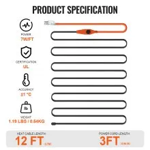 VEVOR Pipe Heating Cable, 12FT 7W/FT Heat Tape for Pipes with Built-in Thermostat, Water Pipe Heat Cable Protects PVC Hose, Metal and Plastic Pipe from Freezing