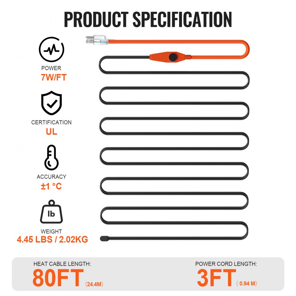 VEVOR Pipe Heating Cable, 80FT 7W/FT Heat Tape for Pipes with Built-in Thermostat, Water Pipe Heat Cable Protects PVC Hose, Metal and Plastic Pipe from Freezing