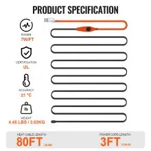 VEVOR Pipe Heating Cable, 80FT 7W/FT Heat Tape for Pipes with Built-in Thermostat, Water Pipe Heat Cable Protects PVC Hose, Metal and Plastic Pipe from Freezing