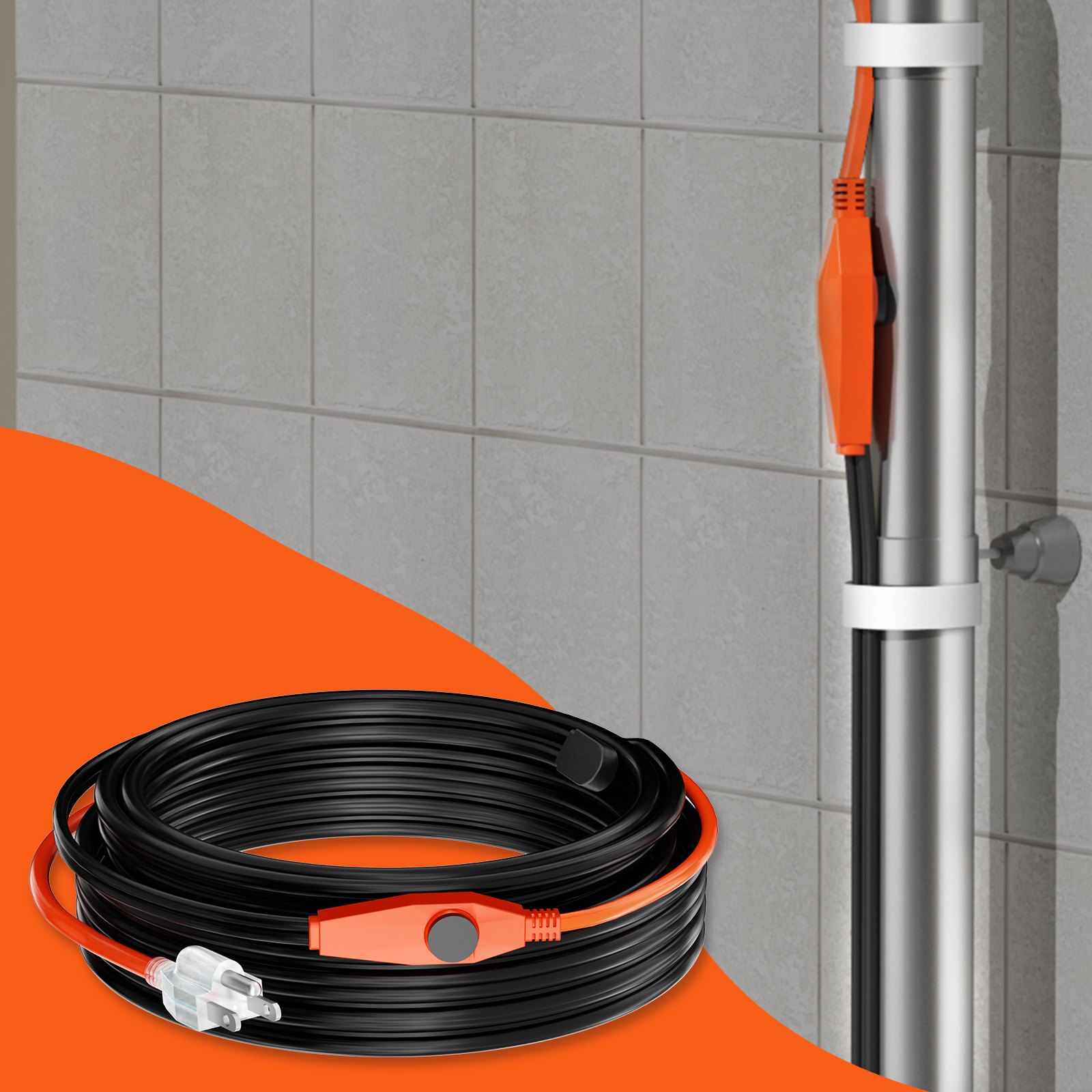 VEVOR Pipe Heating Cable, 80FT 7W/FT Heat Tape for Pipes with Built-in Thermostat, Water Pipe Heat Cable Protects PVC Hose, Metal and Plastic Pipe from Freezing
