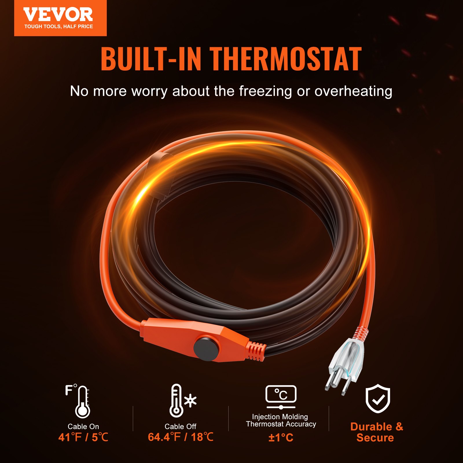 VEVOR Pipe Heating Cable, 25m 23W/m Heat Tape for Pipes with Built-in Thermostat, Water Pipe Heat Cable Protects PVC Hose, Metal and Plastic Pipe from Freezing