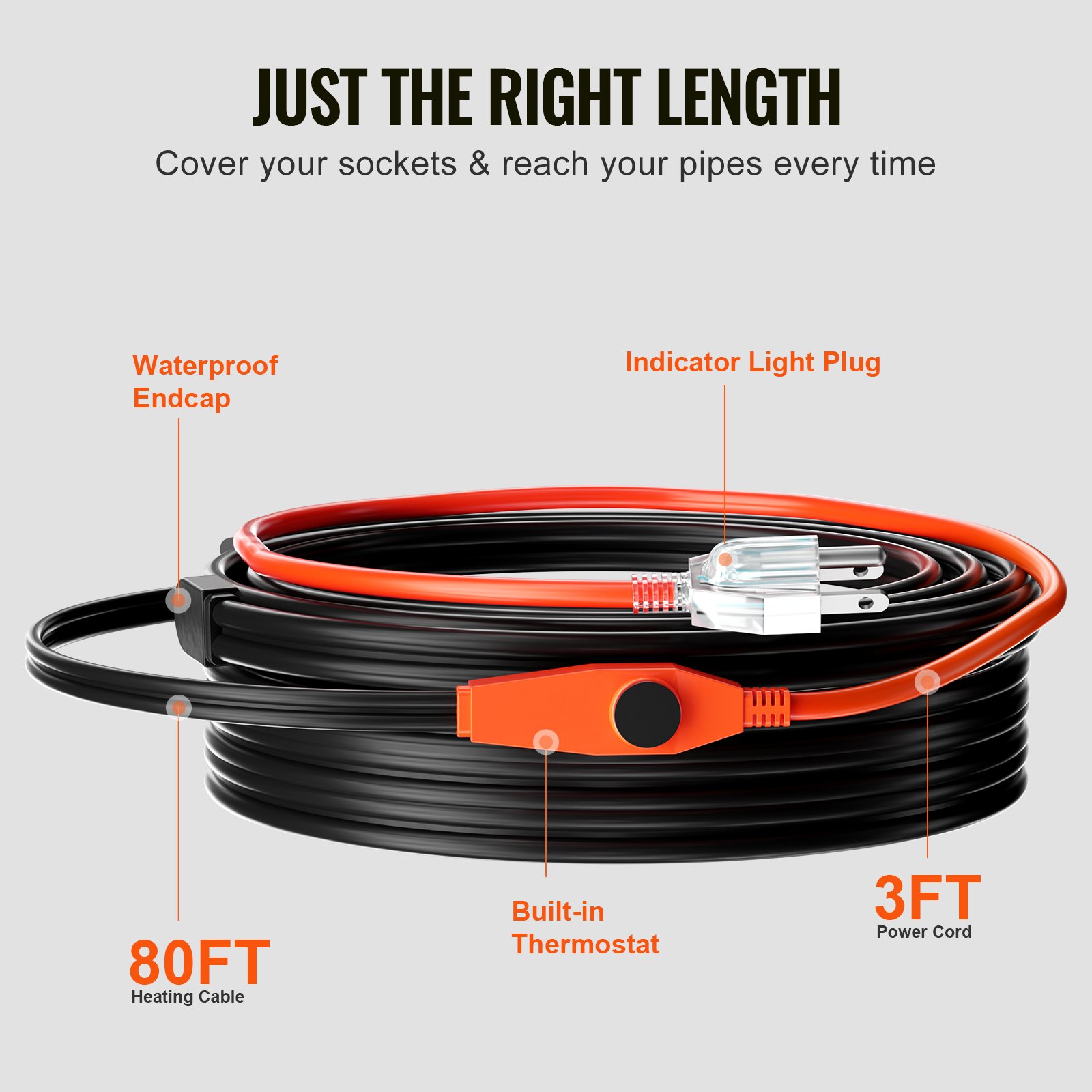 VEVOR Pipe Heating Cable, 25m 23W/m Heat Tape for Pipes with Built-in Thermostat, Water Pipe Heat Cable Protects PVC Hose, Metal and Plastic Pipe from Freezing