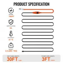 VEVOR Pipe Heating Cable, 30FT 7W/FT Heat Tape for Pipes with Built-in Thermostat, Water Pipe Heat Cable Protects PVC Hose, Metal and Plastic Pipe from Freezing
