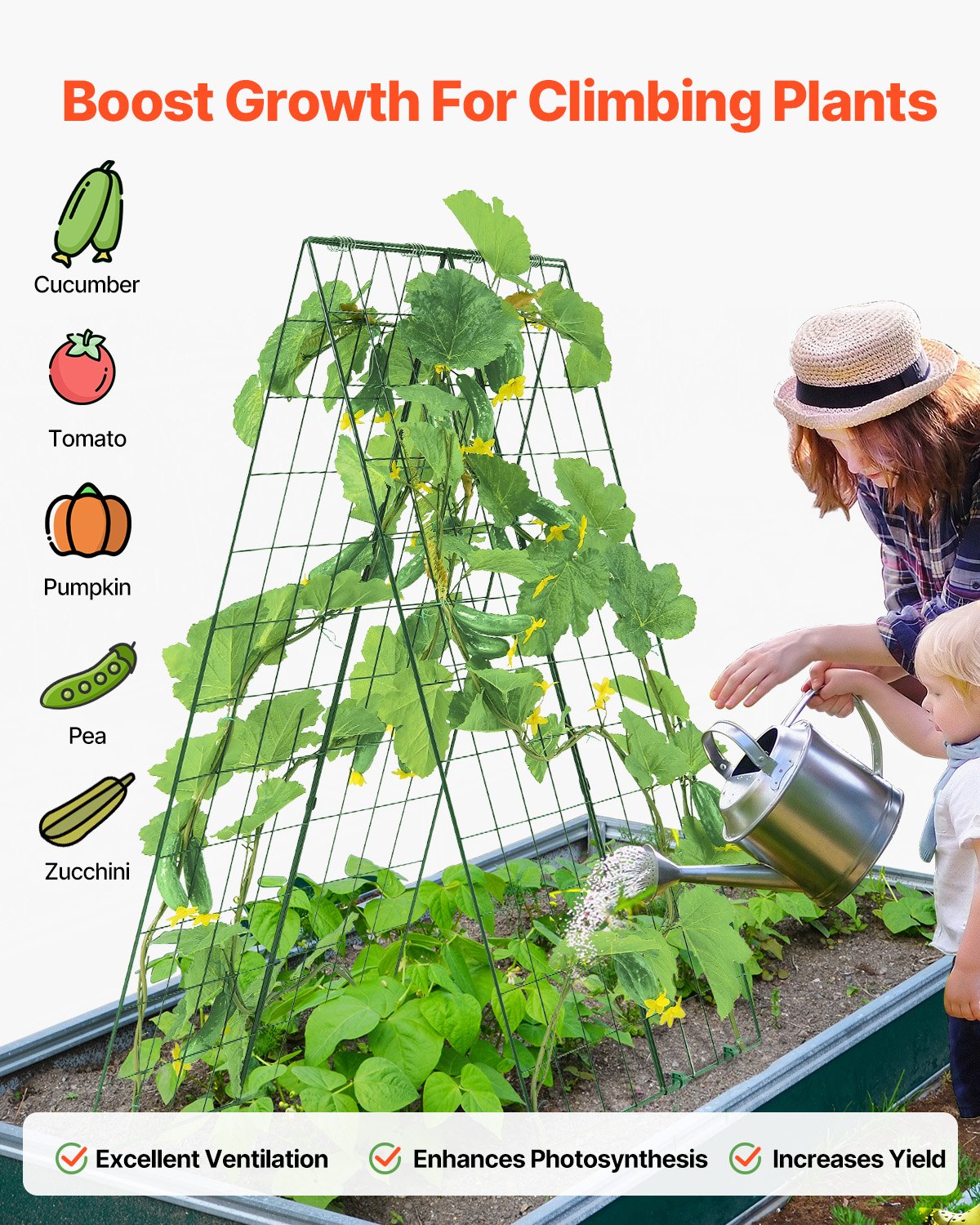 VEVOR Cucumber Trellis for Climbing Plants, 46" x 32" Foldable Cucumber Trellis Set with Plant Clips, Metal Garden Trellis for Raised Bed, Outdoor Plant Grow Support for Tomato, Squash, Vegetable