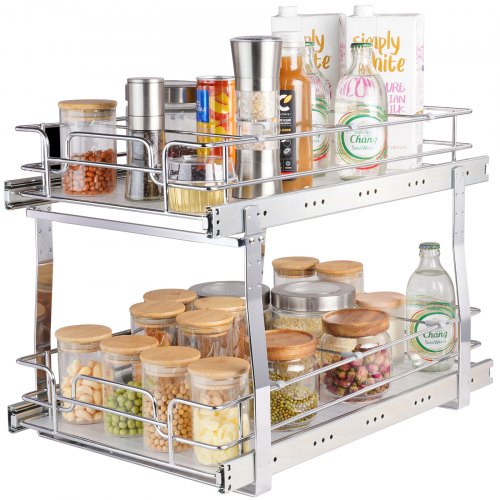 VEVOR 2 Tier 14"W x 21"D Pull Out Cabinet Organizer, Heavy Duty Slide Out Pantry Shelves, Chrome-Plated Steel Roll Out Drawers, Sliding Drawer Storage for Inside Kitchen Cabinet, Bathroom, Under Sink
