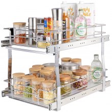 VEVOR 2 Tier 14"Wx21"Dx15"H Pull Out Cabinet Organizer, Heavy Duty Slide Out Pantry Shelves, Steel Roll Out Drawers, Sliding Drawer Storage for Home, 15.5"Wx22"Dx18"H Install Size for Cabinet