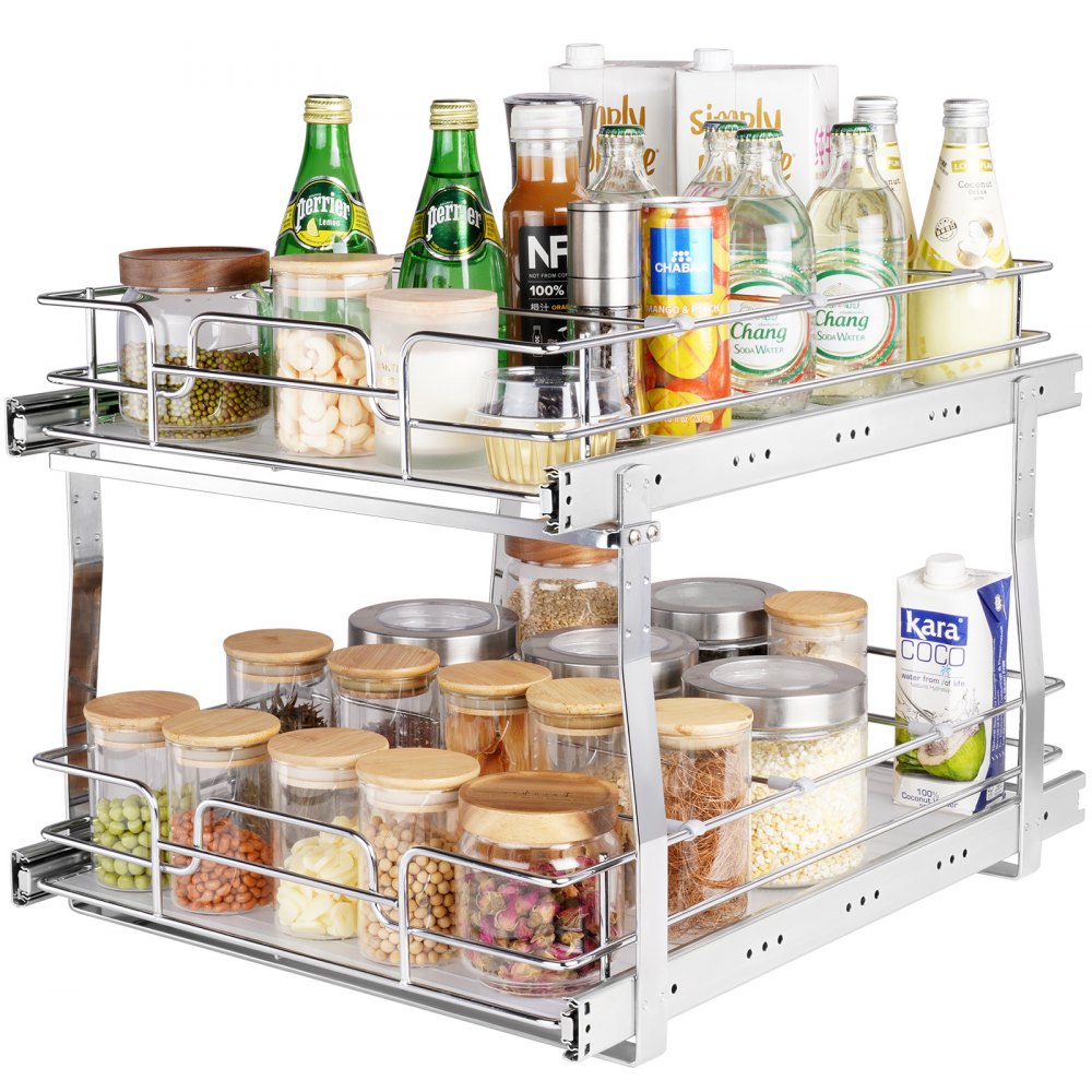 VEVOR 2 Tier 17W x 21D Pull Out Cabinet Organizer, Heavy Duty Slide Out  Pantry Shelves, Chrome-Plated Steel Roll Out Drawers, Sliding Drawer  Storage