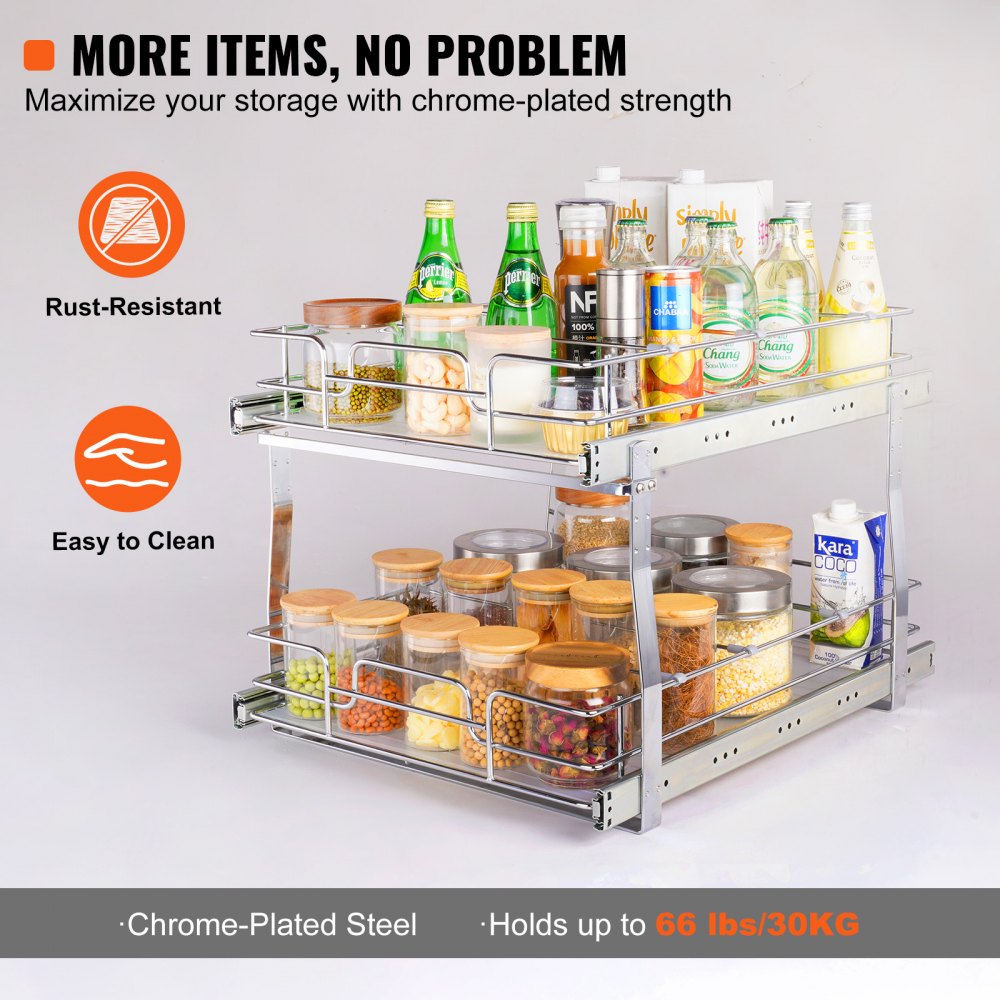VEVOR 2 Tier 17"Wx21"Dx15"H Pull Out Cabinet Organizer, Heavy Duty Slide Out Pantry Shelves, Steel Roll Out Drawers, Sliding Drawer Storage for Home, 18.5"Wx22"Dx18"H Install Size for Cabinet