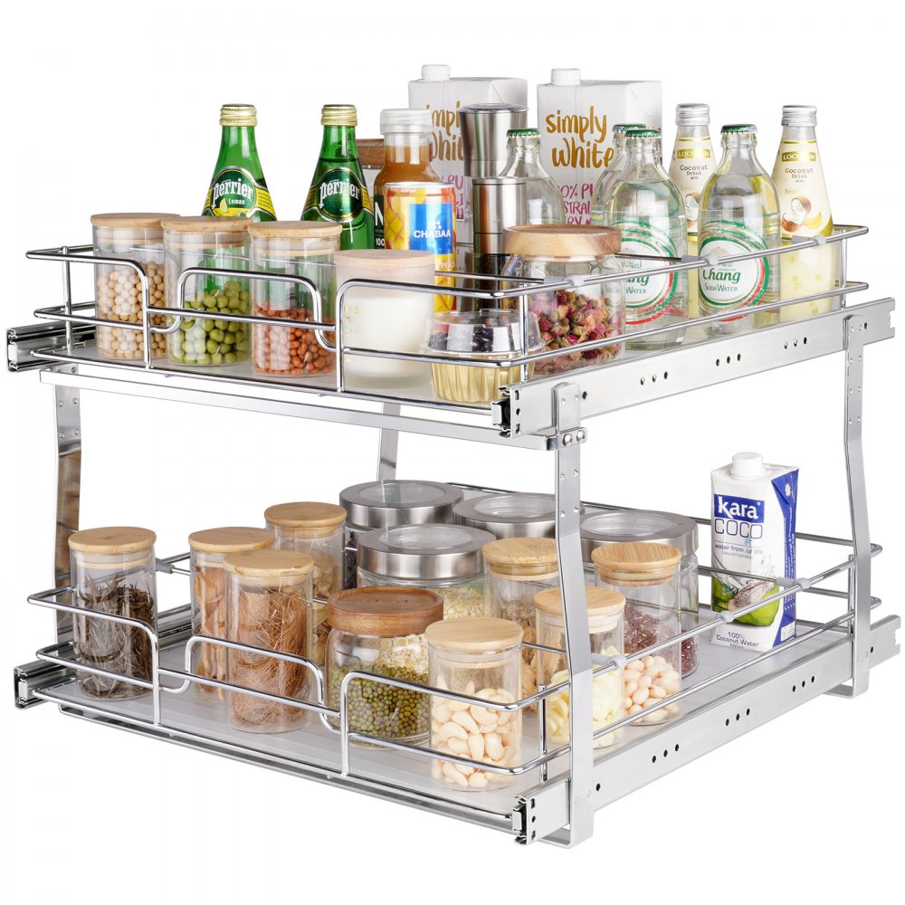 VEVOR 2 Tier 19W x 20D Pull Out Cabinet Organizer, Heavy Duty Slide Out  Pantry Shelves, Chrome-Plated Steel Roll Out Drawers, Sliding Drawer Storage  for Inside Kitchen Cabinet, Bathroom, Under Sink