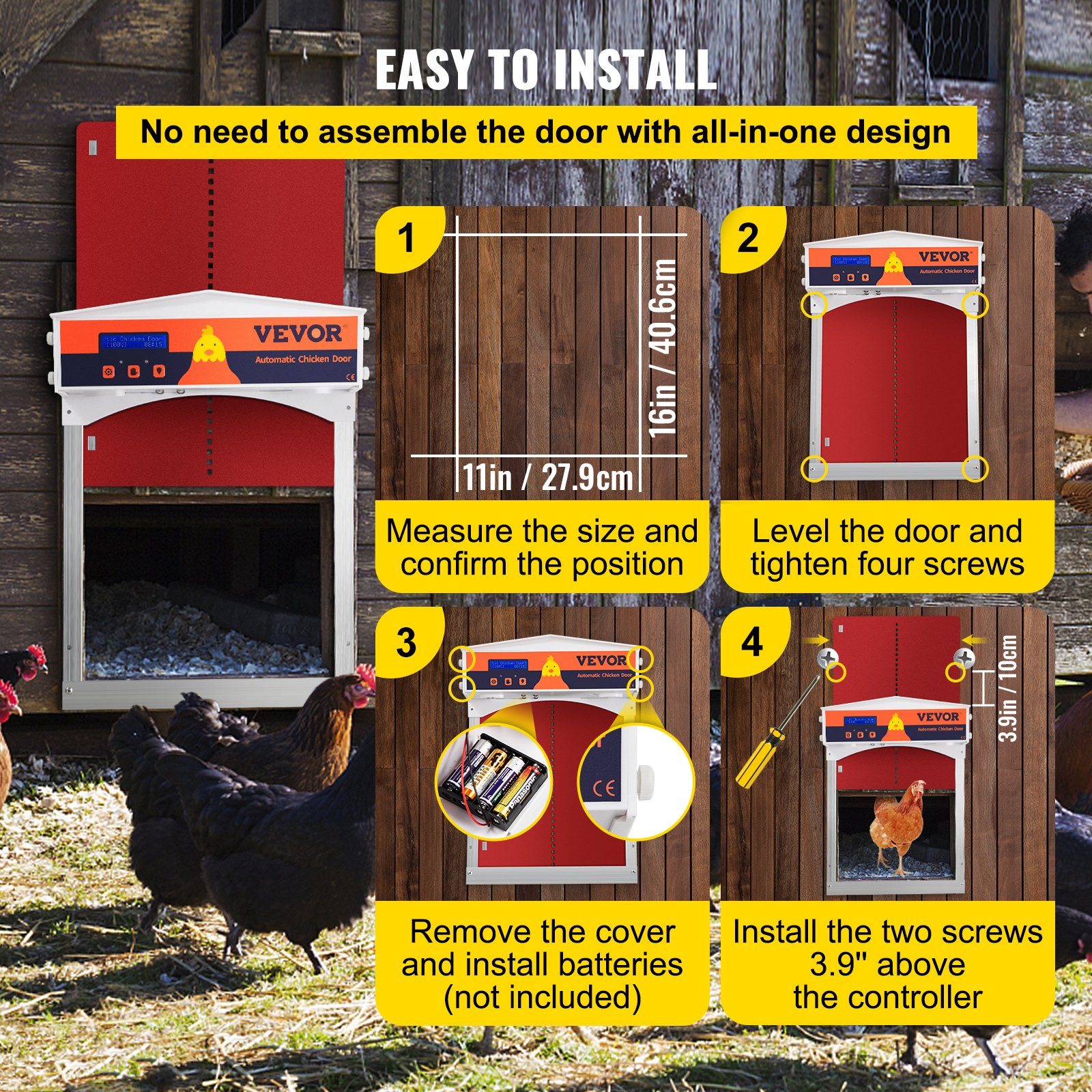 VEVOR Puerta automática para gallinero, apertura/cierre automático, elevador de engranajes, puerta galvanizada para aves de corral con temporizador de apertura retardada por la tarde y la mañana y sensor de luz, pantalla LCD alimentada por batería, para pato, rojo