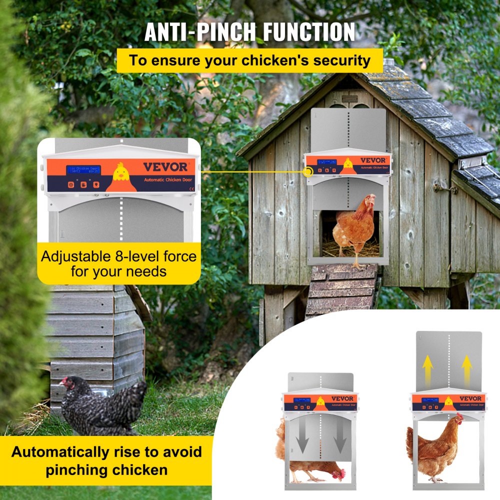 VEVOR Gray Automatic Chicken Coop Door, Auto Close, Gear Lifter Galvanized Poultry Gate with Evening and Morning Delayed Opening Timer & Light Sensor, Battery Powered LCD Screen, for Duck