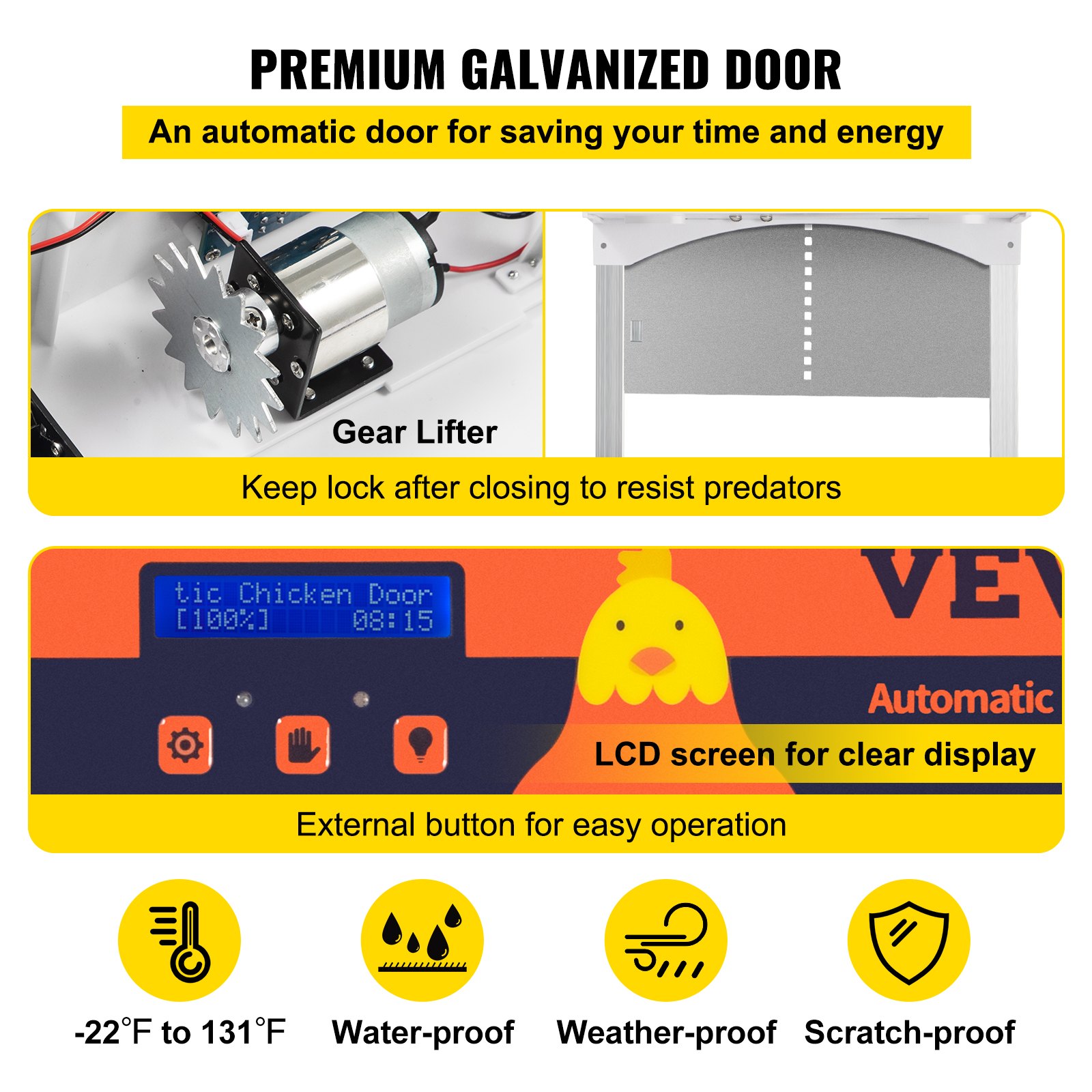 VEVOR Gray Automatic Chicken Coop Door, Auto Close, Gear Lifter Galvanized Poultry Gate with Evening and Morning Delayed Opening Timer & Light Sensor, Battery Powered LCD Screen, for Duck