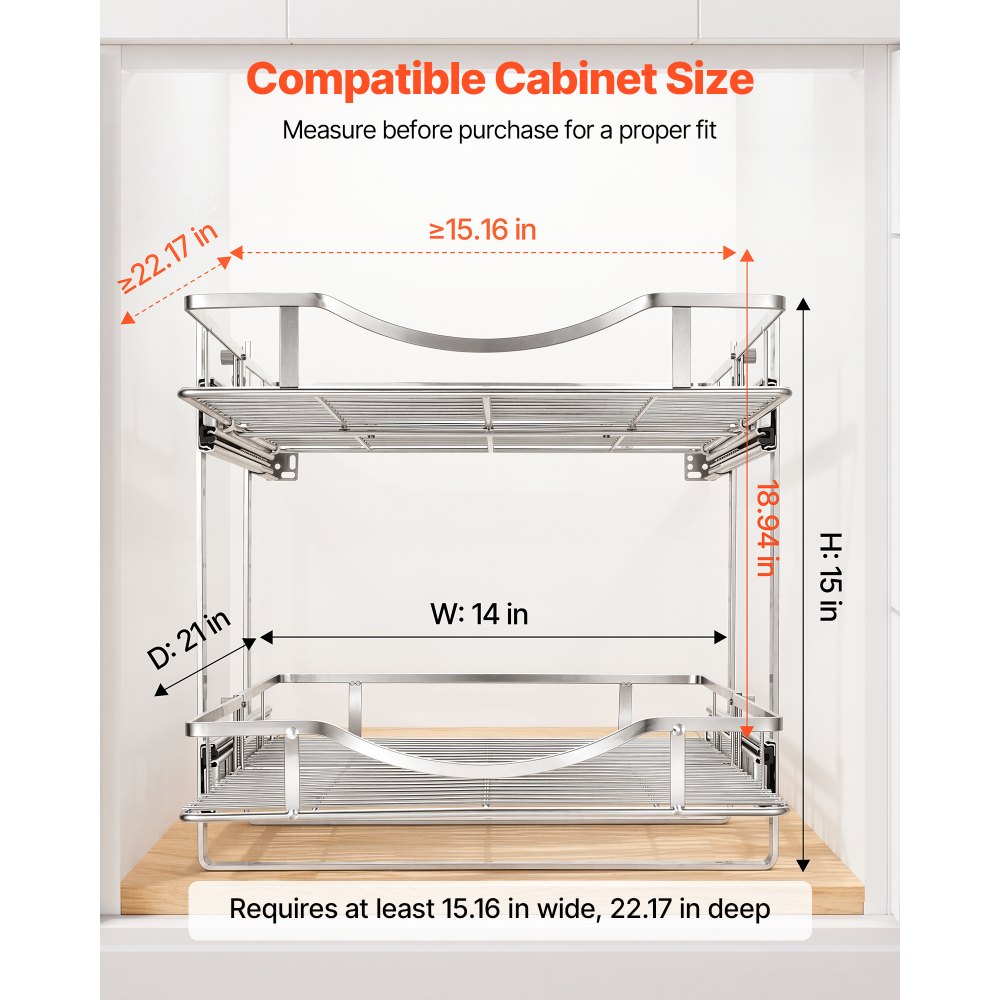 VEVOR 2 Tier Pull Out Cabinet Organizer 14.17"W x 21.06"D Slide Out Drawers, for Kitchen Bathroom Pantry Organization, Chrome-Plated Finish, Heavy Duty Steel Storage Sliding Shelves for Base Cabinets