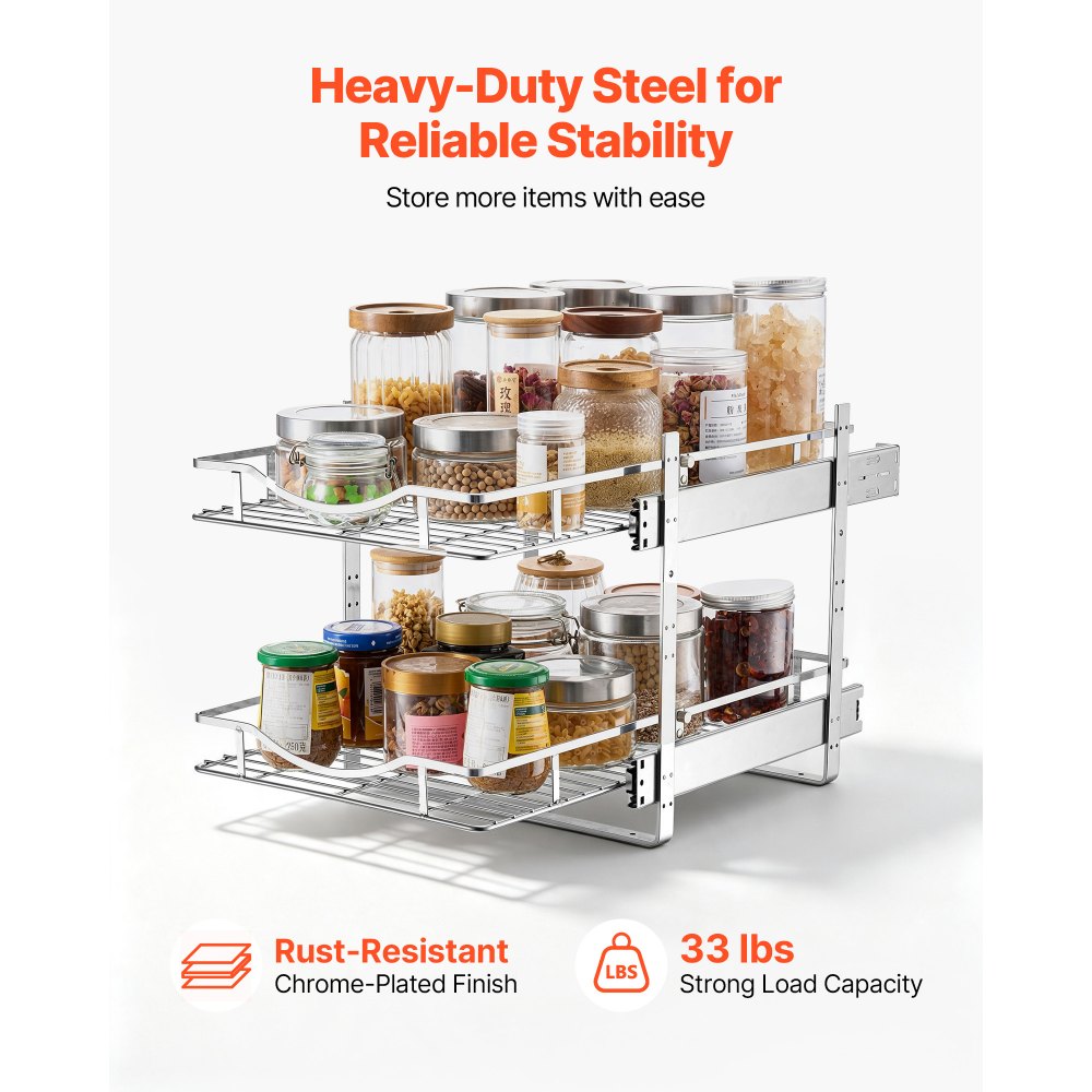 VEVOR 2 Tier Pull Out Cabinet Organizer 14.17"W x 21.06"D Slide Out Drawers, for Kitchen Bathroom Pantry Organization, Chrome-Plated Finish, Heavy Duty Steel Storage Sliding Shelves for Base Cabinets