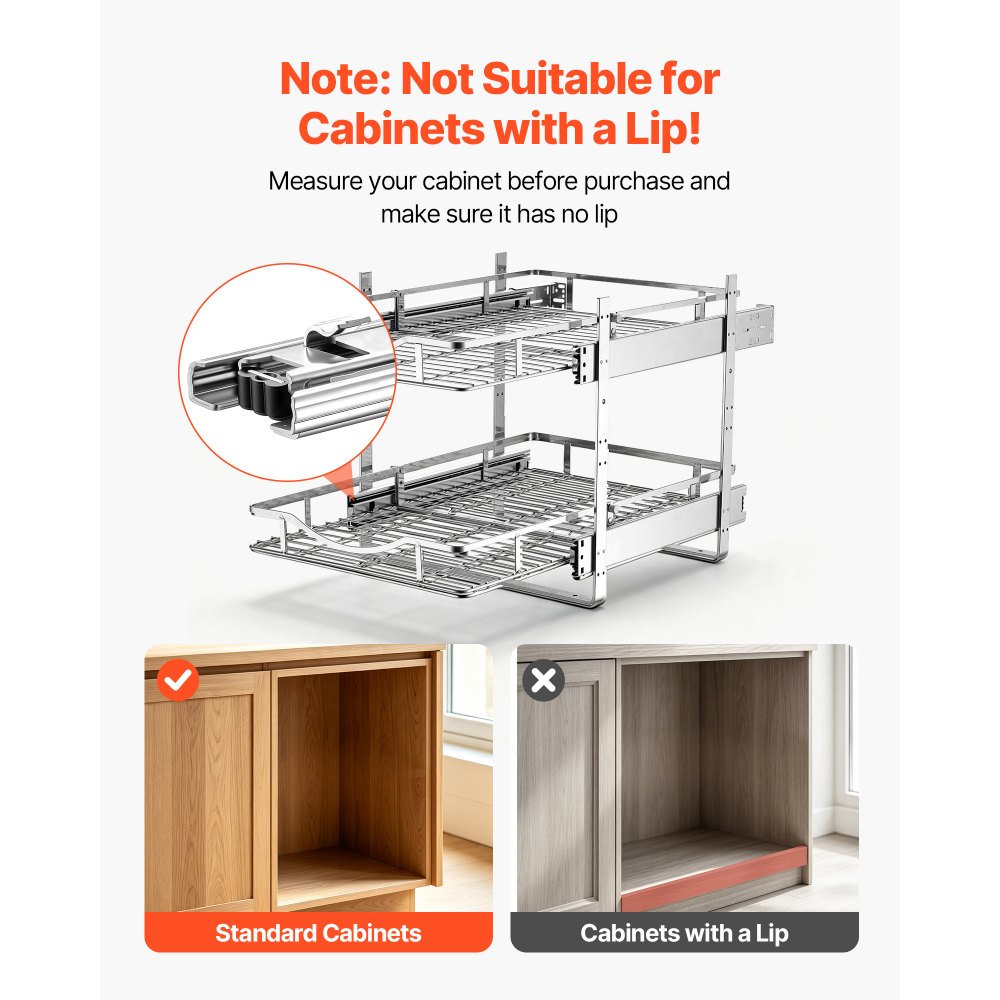 VEVOR 2 Tier Pull Out Cabinet Organizer 14.17"W x 21.06"D Slide Out Drawers, for Kitchen Bathroom Pantry Organization, Chrome-Plated Finish, Heavy Duty Steel Storage Sliding Shelves for Base Cabinets