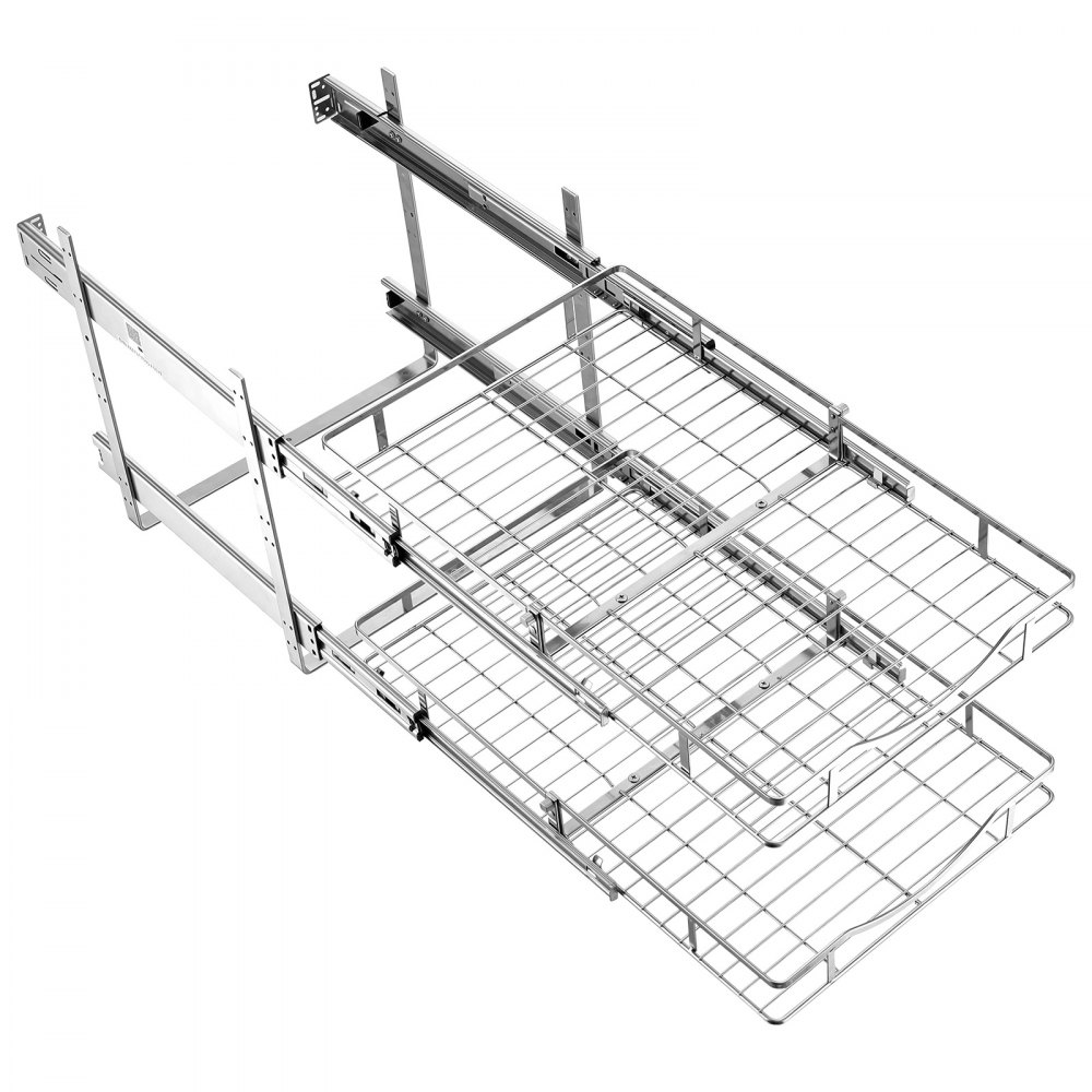 VEVOR 2 Tier Pull Out Cabinet Organizer 14.17"W x 21.06"D Slide Out Drawers, for Kitchen Bathroom Pantry Organization, Chrome-Plated Finish, Heavy Duty Steel Storage Sliding Shelves for Base Cabinets