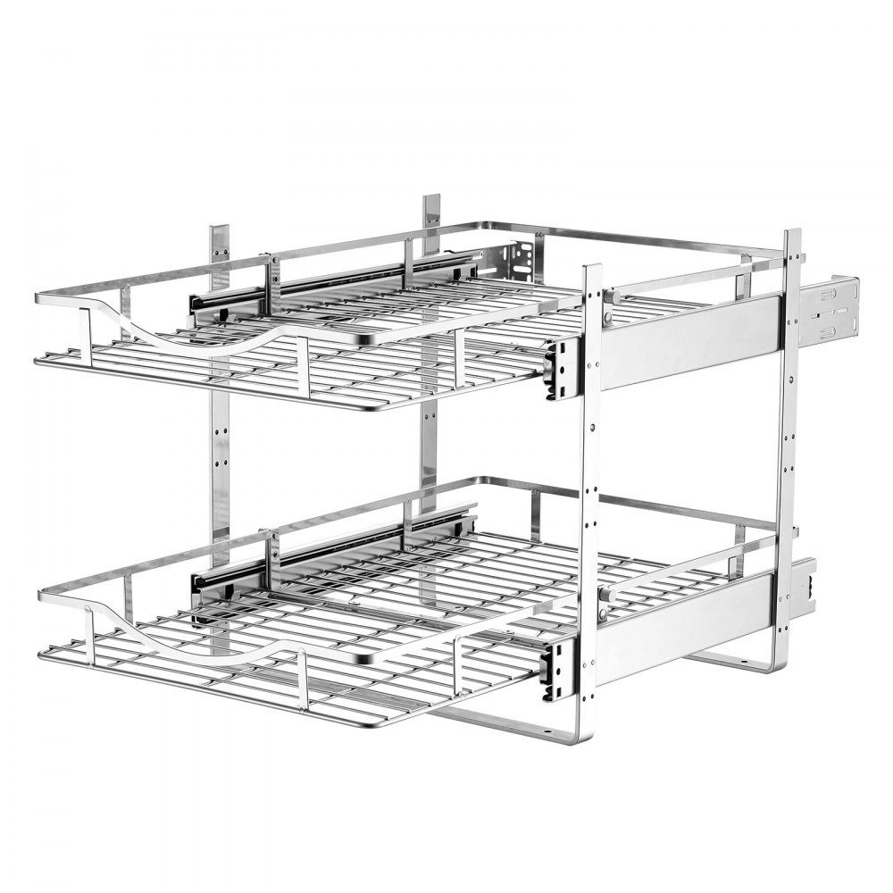 VEVOR 2 Tier Pull Out Cabinet Organizer 14.17"W x 21.06"D Slide Out Drawers, for Kitchen Bathroom Pantry Organization, Chrome-Plated Finish, Heavy Duty Steel Storage Sliding Shelves for Base Cabinets