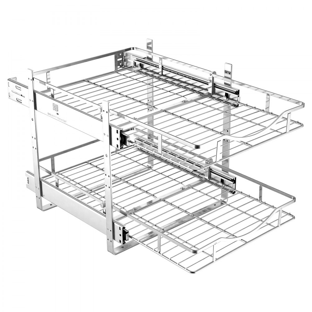 VEVOR 2 Tier Pull Out Cabinet Organizer 14.17"W x 21.06"D Slide Out Drawers, for Kitchen Bathroom Pantry Organization, Chrome-Plated Finish, Heavy Duty Steel Storage Sliding Shelves for Base Cabinets
