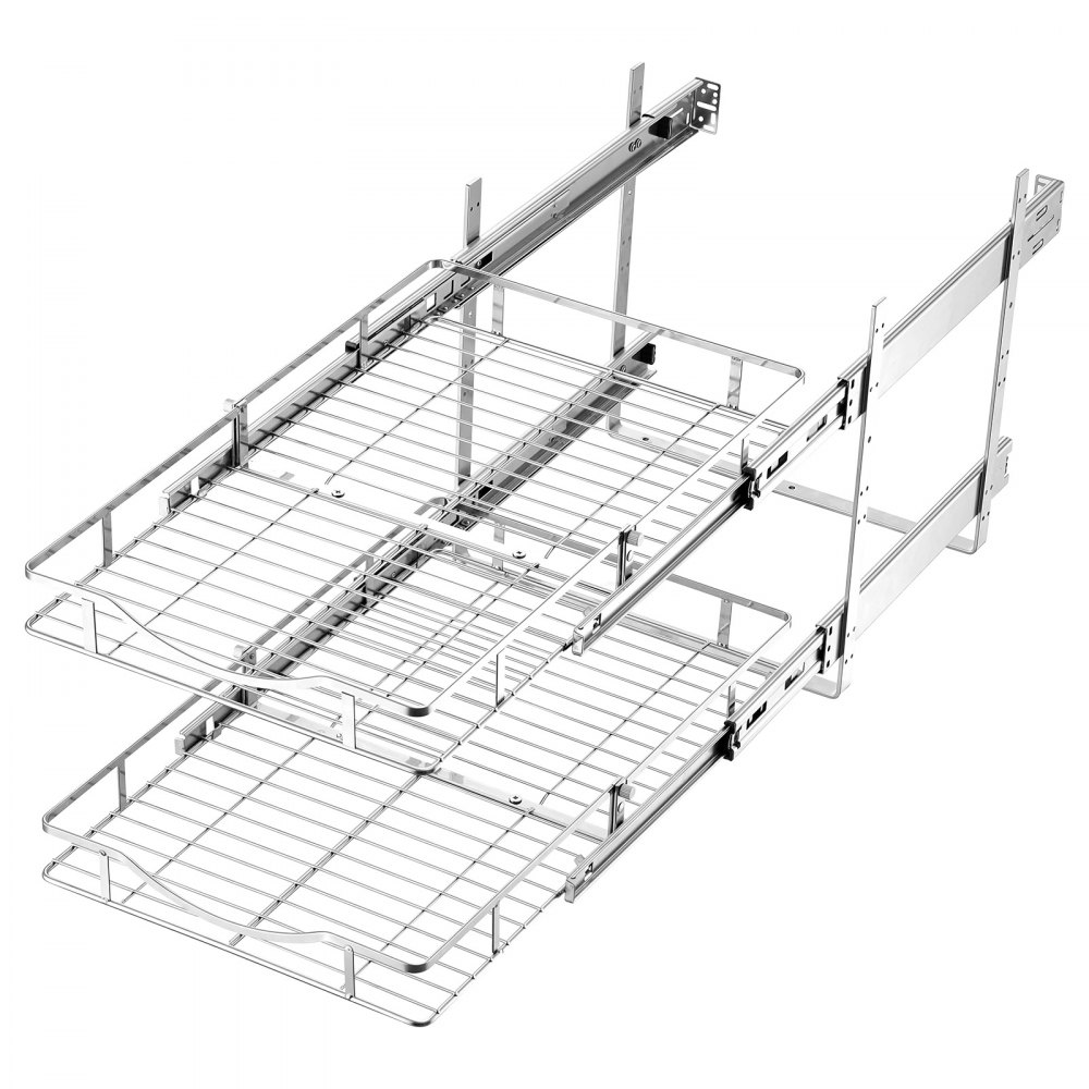 VEVOR 2 Tier Pull Out Cabinet Organizer 14.17"W x 21.06"D Slide Out Drawers, for Kitchen Bathroom Pantry Organization, Chrome-Plated Finish, Heavy Duty Steel Storage Sliding Shelves for Base Cabinets