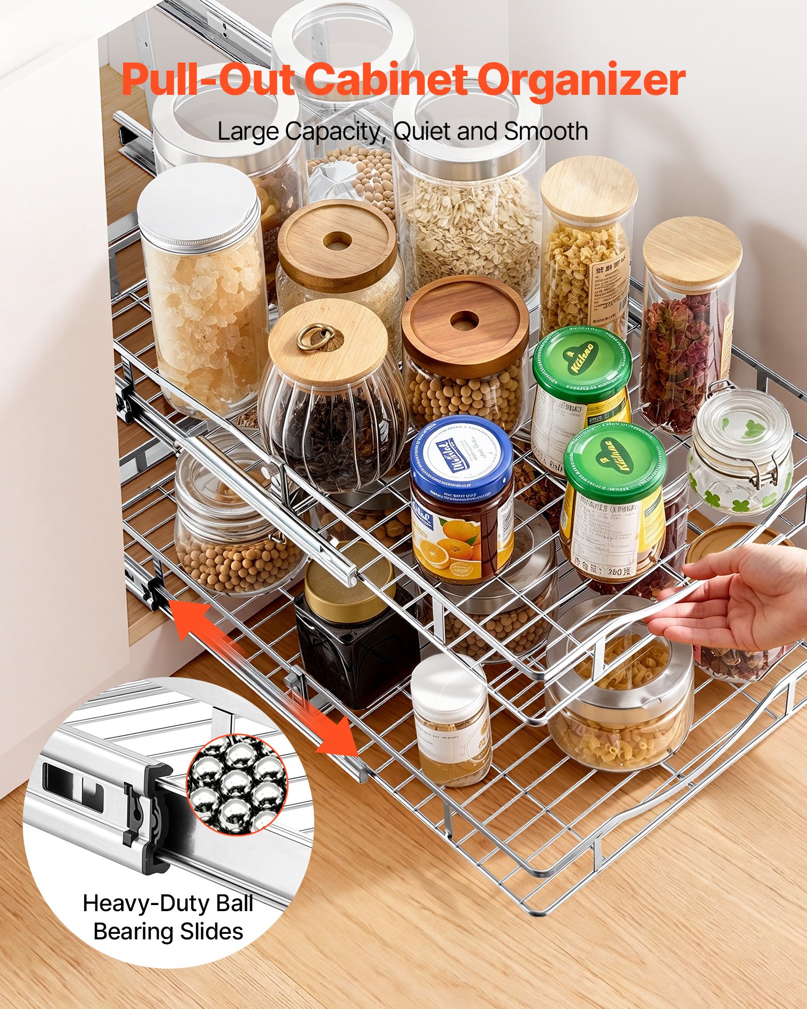 VEVOR 2 Tier Pull Out Cabinet Organizer 14.17"W x 21.06"D Slide Out Drawers, for Kitchen Bathroom Pantry Organization, Chrome-Plated Finish, Heavy Duty Steel Storage Sliding Shelves for Base Cabinets