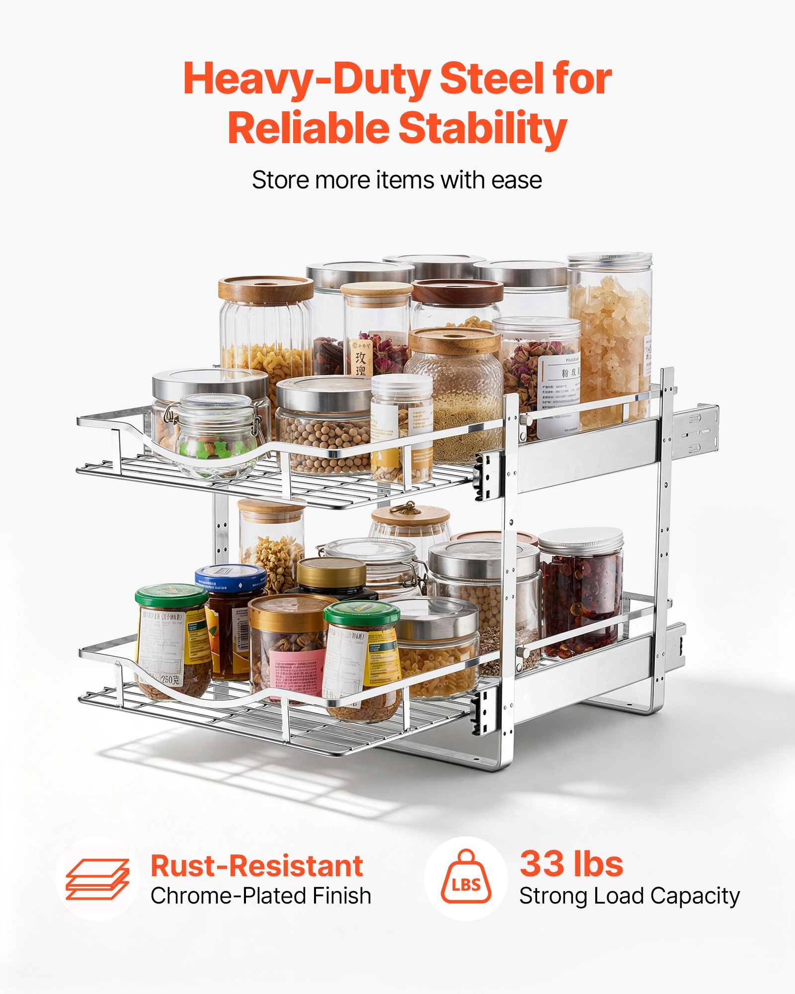 VEVOR 2 Tier Pull Out Cabinet Organizer 14.17"W x 21.06"D Slide Out Drawers, for Kitchen Bathroom Pantry Organization, Chrome-Plated Finish, Heavy Duty Steel Storage Sliding Shelves for Base Cabinets