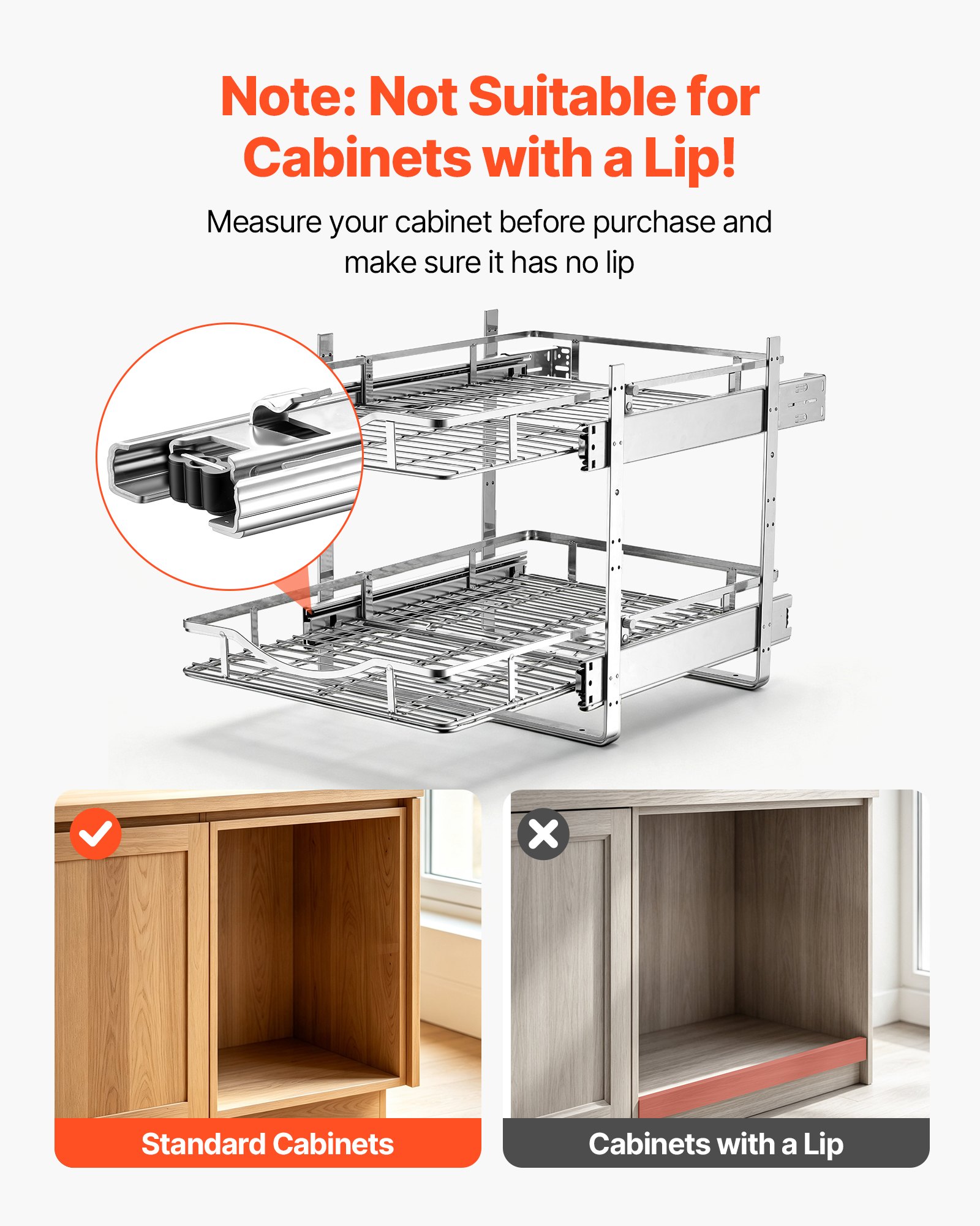 VEVOR 2 Tier Pull Out Cabinet Organizer 14.17"W x 21.06"D Slide Out Drawers, for Kitchen Bathroom Pantry Organization, Chrome-Plated Finish, Heavy Duty Steel Storage Sliding Shelves for Base Cabinets