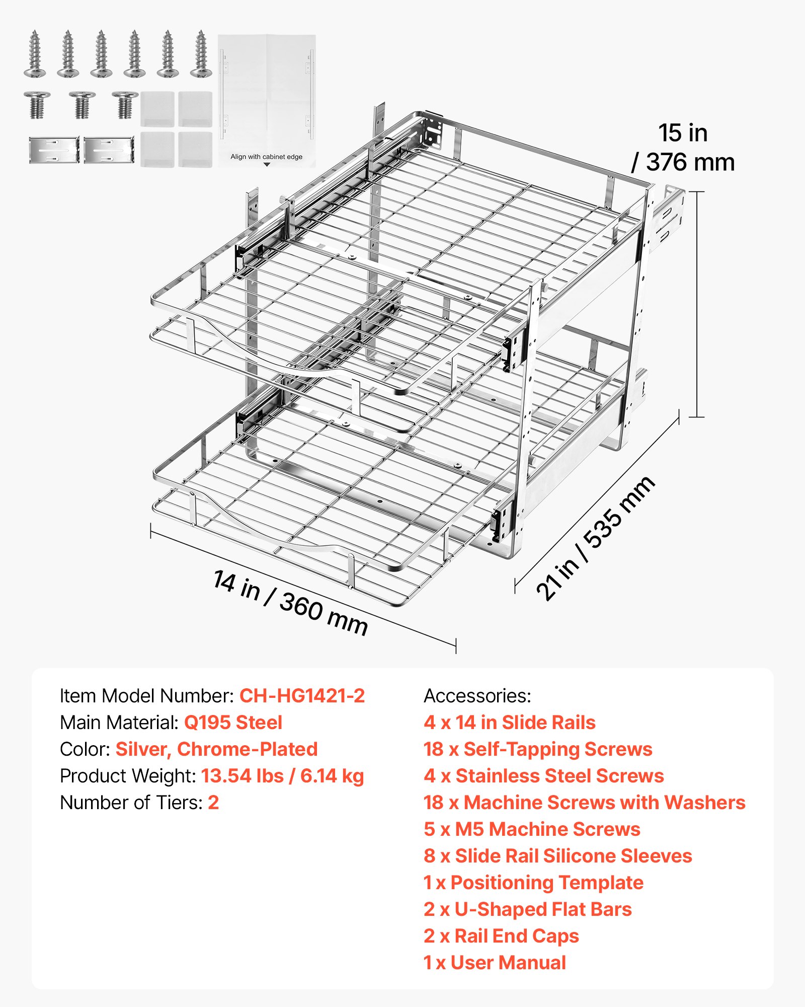 VEVOR 2 Tier Pull Out Cabinet Organizer 14.17"W x 21.06"D Slide Out Drawers, for Kitchen Bathroom Pantry Organization, Chrome-Plated Finish, Heavy Duty Steel Storage Sliding Shelves for Base Cabinets