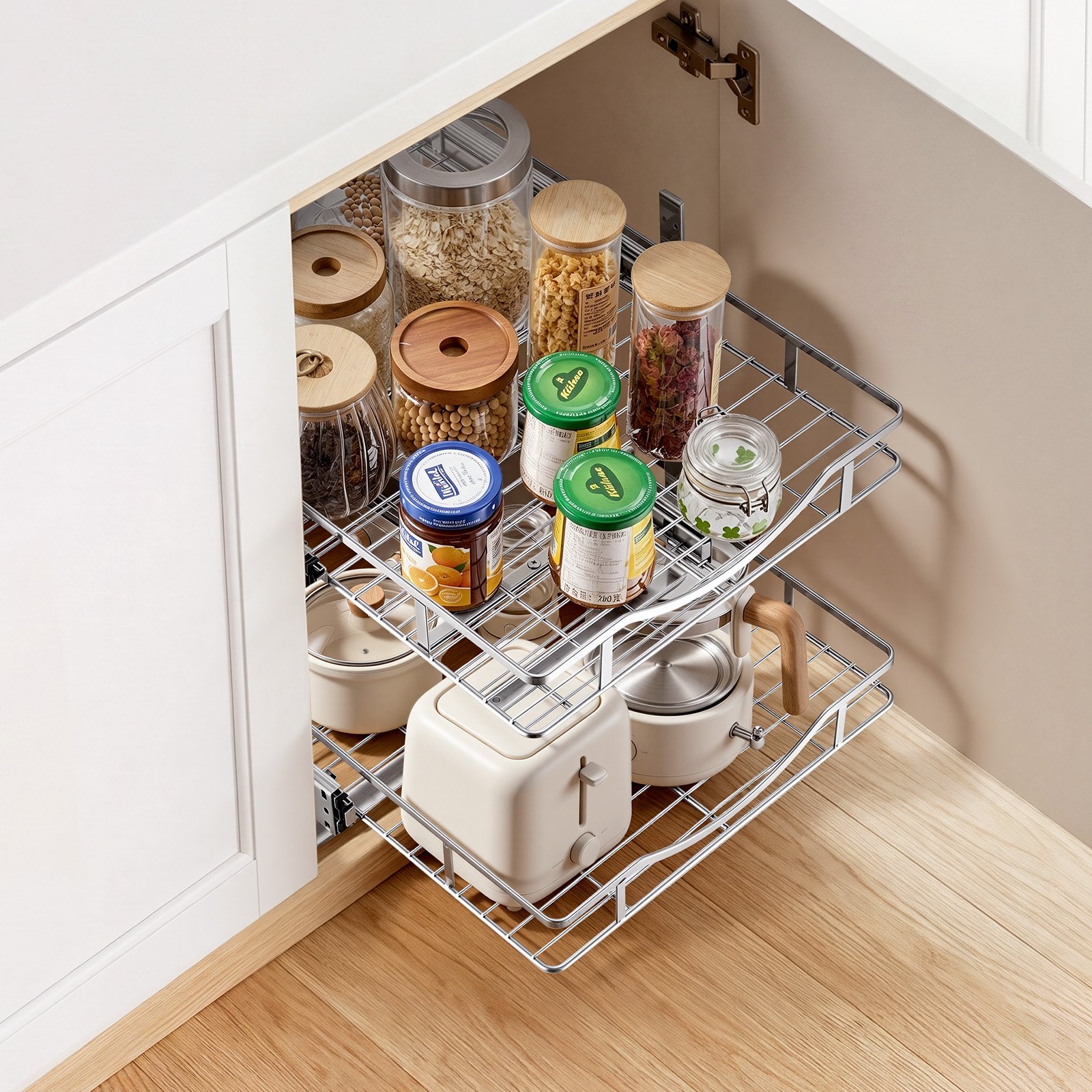 VEVOR 2 Tier Pull Out Cabinet Organizer 14.17"W x 21.06"D Slide Out Drawers, for Kitchen Bathroom Pantry Organization, Chrome-Plated Finish, Heavy Duty Steel Storage Sliding Shelves for Base Cabinets