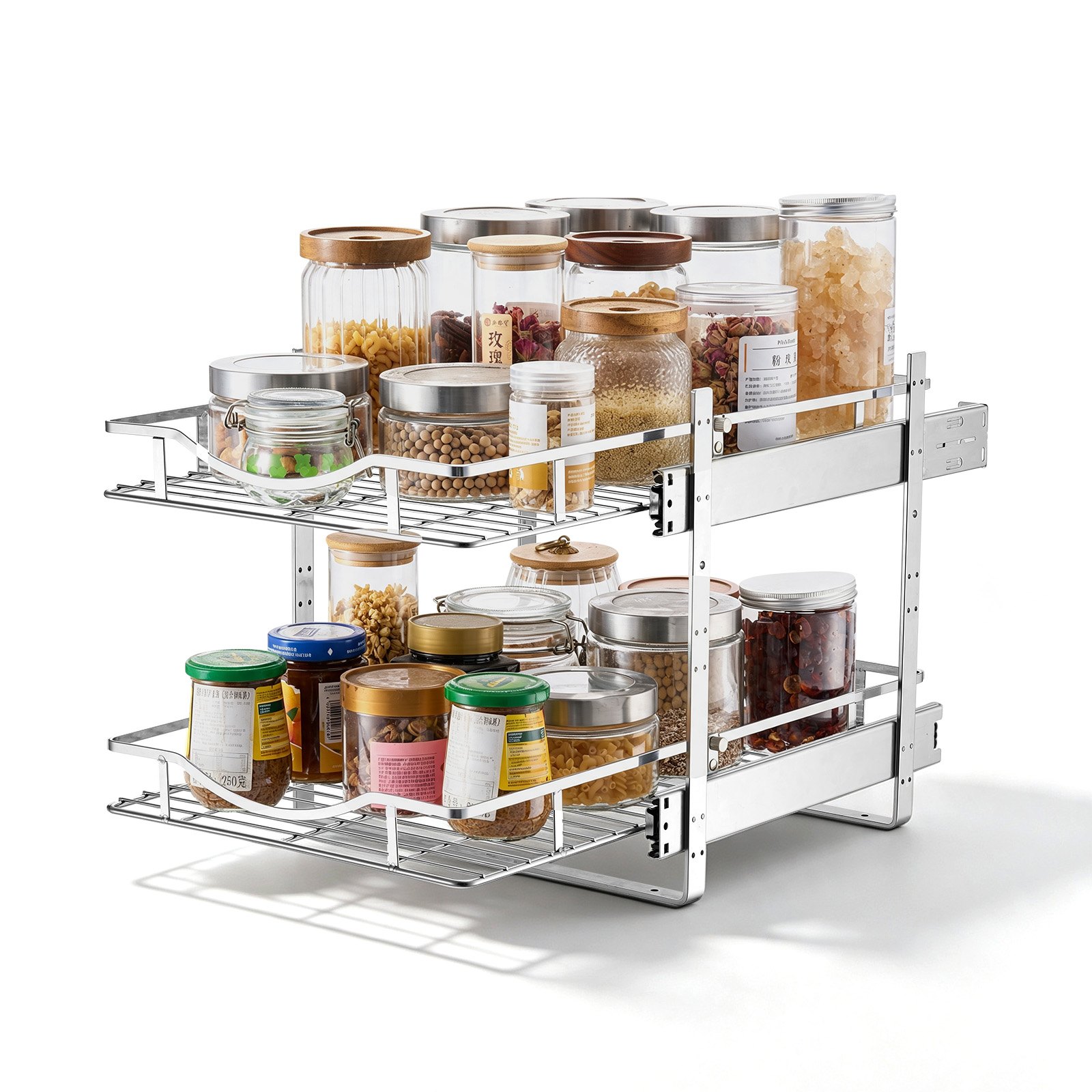 VEVOR 2 Tier Pull Out Cabinet Organizer 14.17"W x 21.06"D Slide Out Drawers, for Kitchen Bathroom Pantry Organization, Chrome-Plated Finish, Heavy Duty Steel Storage Sliding Shelves for Base Cabinets
