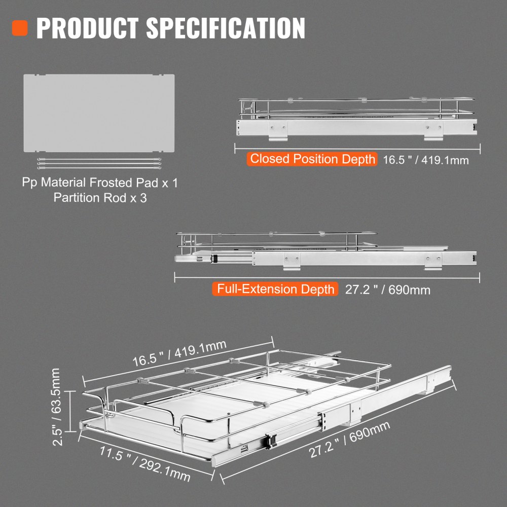 VEVOR 12.5"Wx16.5"Dx3.5"H Pull Out Cabinet Organizer, Heavy Duty Slide Out Pantry Shelves, Steel Roll Out Drawers, Sliding Drawer Storage for Home Under Sink, 14"Wx17.5"Dx7"H Install Size for Cabinet