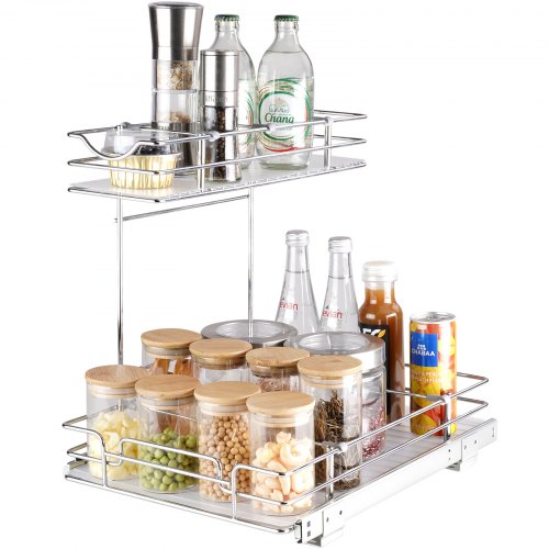 VEVOR 2 Tier 12"W x 17"D Pull Out Cabinet Organizer, Heavy Duty Slide Out Pantry Shelves, Chrome-Plated Steel Roll Out Drawers, Sliding Drawer Storage for Inside Kitchen Cabinet, Bathroom, Under Sink
