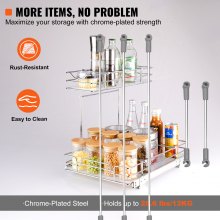 VEVOR 2 Tier 12"W x 17"D Pull Out Cabinet Organizer, Heavy Duty Slide Out Pantry Shelves, Chrome-Plated Steel Roll Out Drawers, Sliding Drawer Storage for Inside Kitchen Cabinet, Bathroom, Under Sink