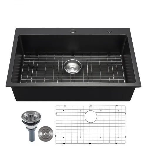 VEVOR 84 cm Kitchen Sink Workstation, Top Mount Granite Sinks, Drop-In Single Bowl Farmhouse Basin with Multiple Accessories, Household Dishwasher Sinks for RV, Prep Kitchen, and Bar (Black)
