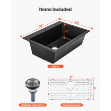 33 inch Granite Kitchen Sink Top Mount Single Bowl Drop-In Basin for RV Bar