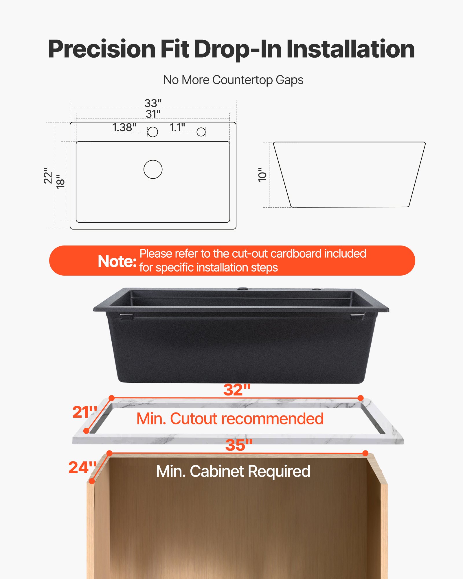 VEVOR 33 inch Kitchen Sink Workstation, Top Mount Granite Sinks, Drop-In Single Bowl Farmhouse Basin with Multiple Accessories, Household Dishwasher Sink for RV, Prep Kitchen, and Bar (Black)