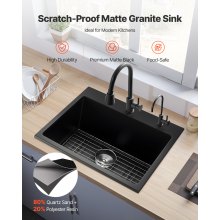 25 inch Granite Kitchen Sink Top Mount Single Bowl Drop-In Basin for RV Bar