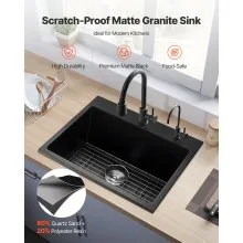 25 inch Granite Kitchen Sink Top Mount Single Bowl Drop-In Basin for RV Bar