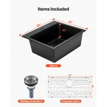 25 inch Granite Kitchen Sink Top Mount Single Bowl Drop-In Basin for RV Bar