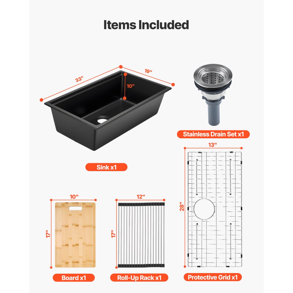 VEVOR 33 inch Kitchen Sink Workstation, Undermount Granite Sink, Drop-In Single Bowl Farmhouse Basin with Multiple Accessories, Household Dishwasher Sinks for RV, Prep Kitchen, and Bar (Black)
